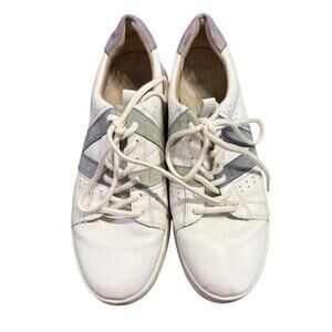 Vionic White Leather Sneakers Size 9.5 Men’s – Green & Blue Stripe Detail